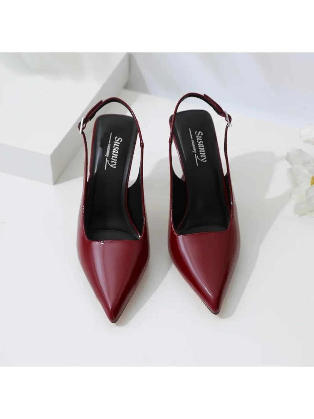 Women's Burgundy Slingback Kitten Pump Closed Pointy Toe Chunky Heel Shoes